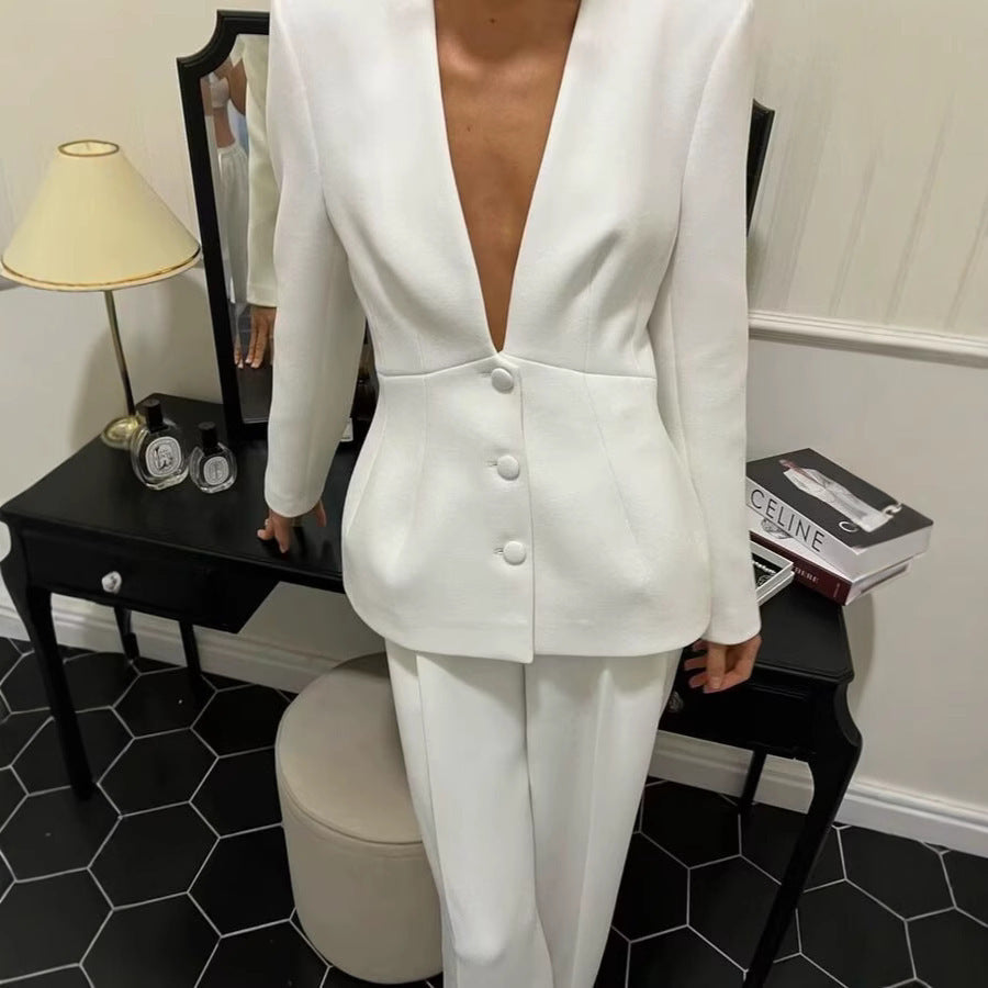 V-Neck Blazer Pants Set