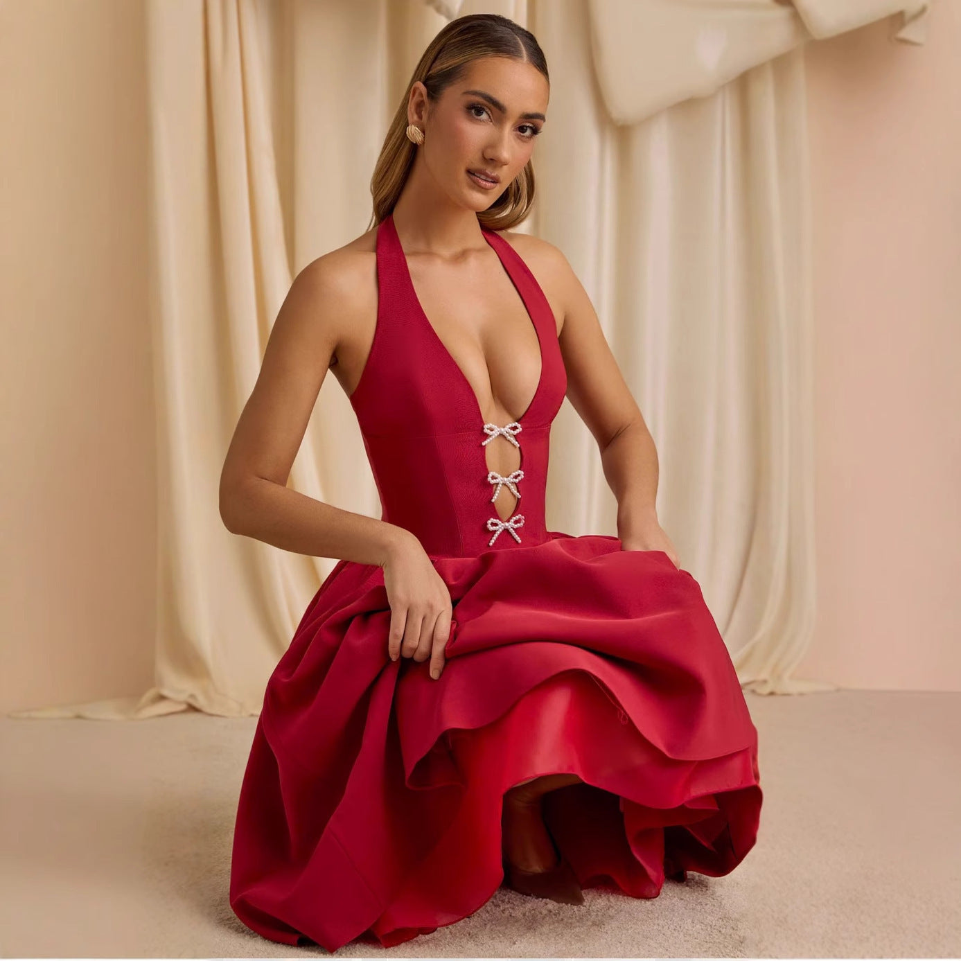 Halter Bow Deep V-Back Dress