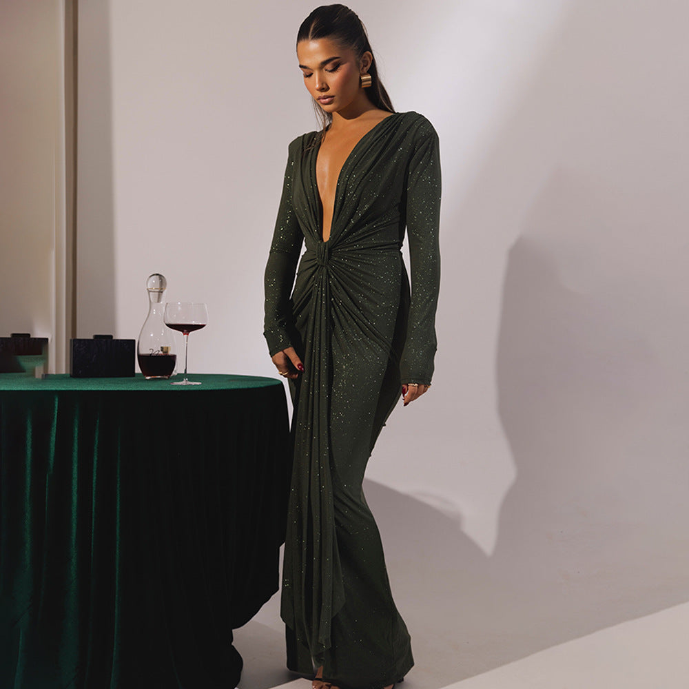 Deep V-neck Ribbon Slit Slim-fitting Dress