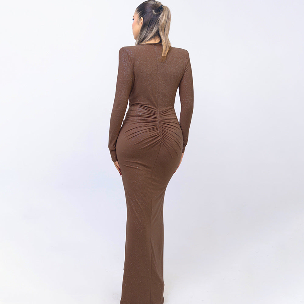 Deep V-neck Ribbon Slit Slim-fitting Dress