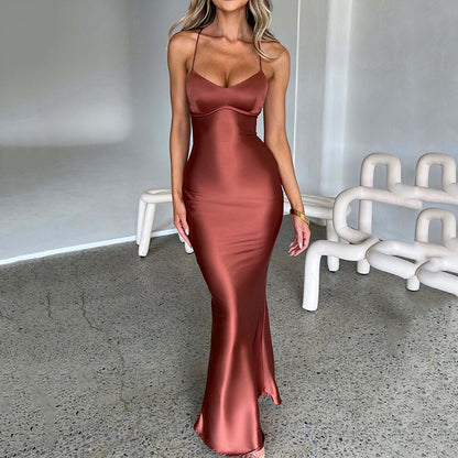 Pure Color Sling Satin Backless Dress