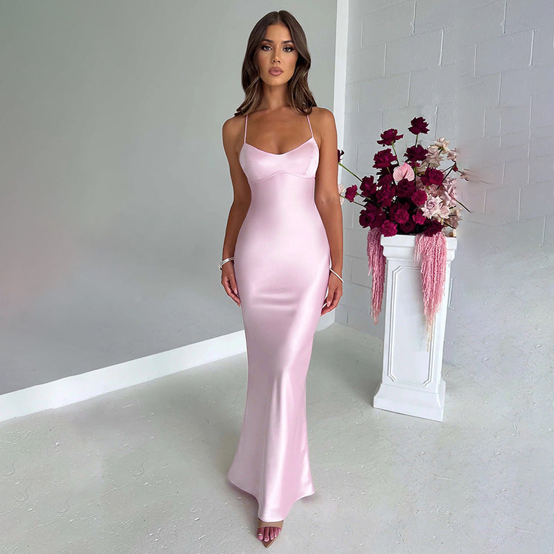 Pure Color Sling Satin Backless Dress