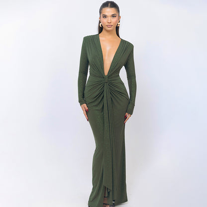 Deep V-neck Ribbon Slit Slim-fitting Dress