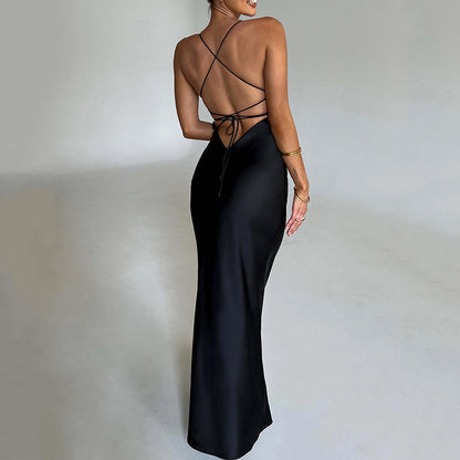 Pure Color Sling Satin Backless Dress