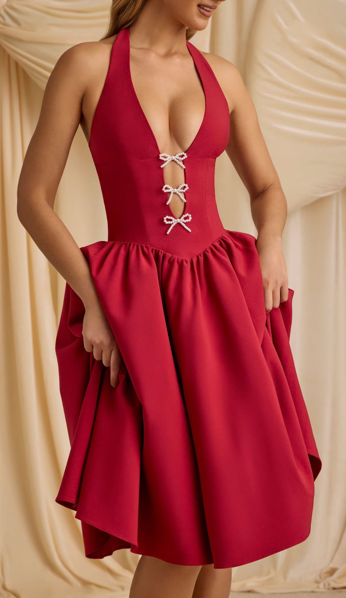 Halter Bow Deep V-Back Dress