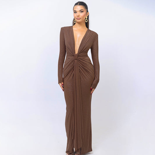 Deep V-neck Ribbon Slit Slim-fitting Dress