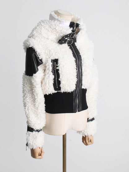 Lamb Wool Stitching PU Leather Zipper Jacket