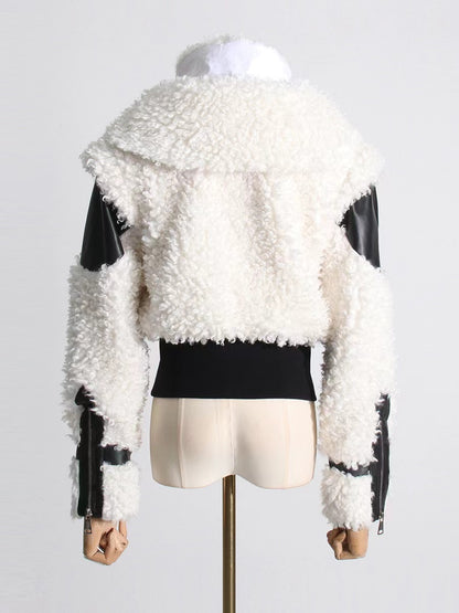 Lamb Wool Stitching PU Leather Zipper Jacket