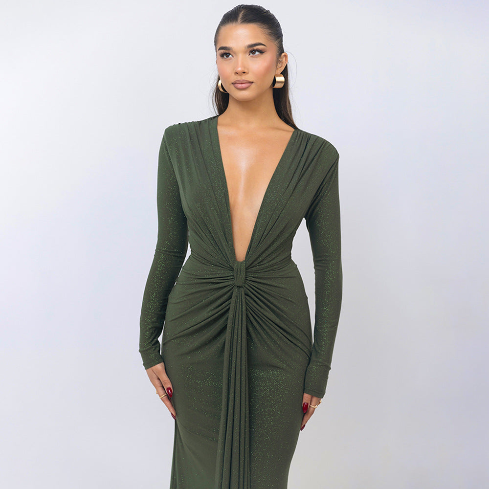 Deep V-neck Ribbon Slit Slim-fitting Dress