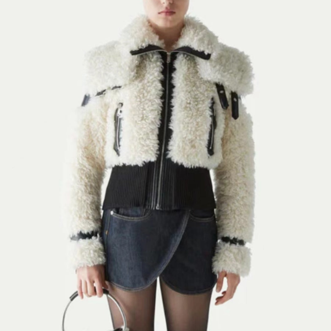 Lamb Wool Stitching PU Leather Zipper Jacket