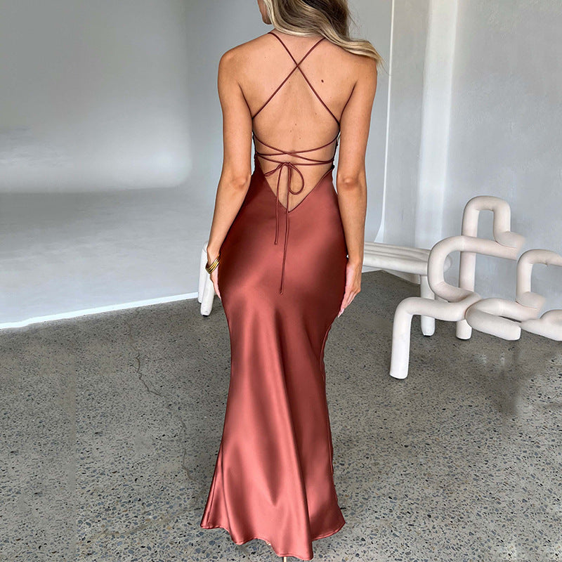 Pure Color Sling Satin Backless Dress