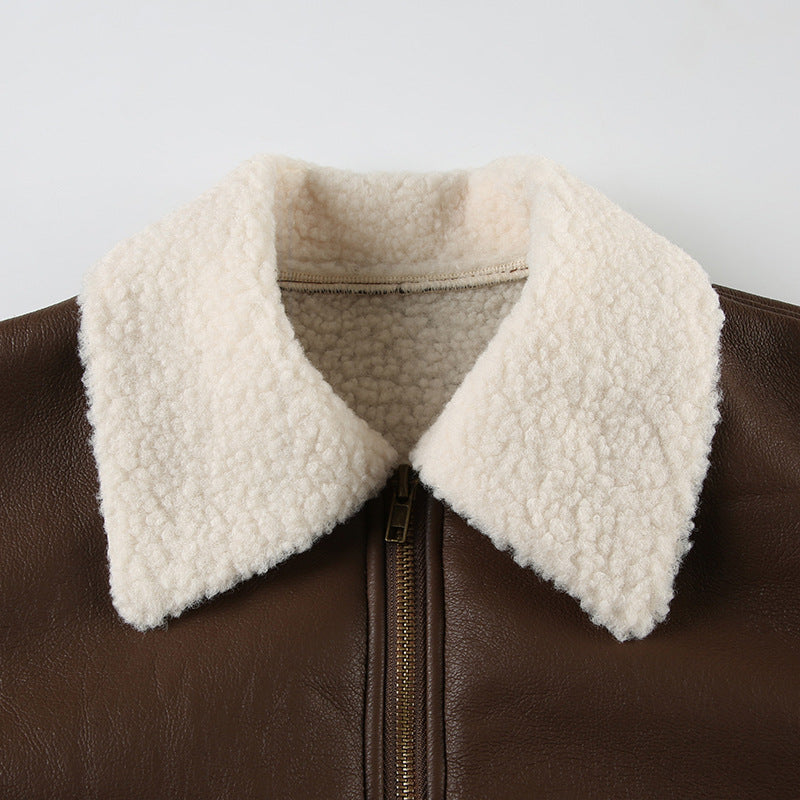 Solid Color Faux Leather Knitted Fur Lapel Jacket