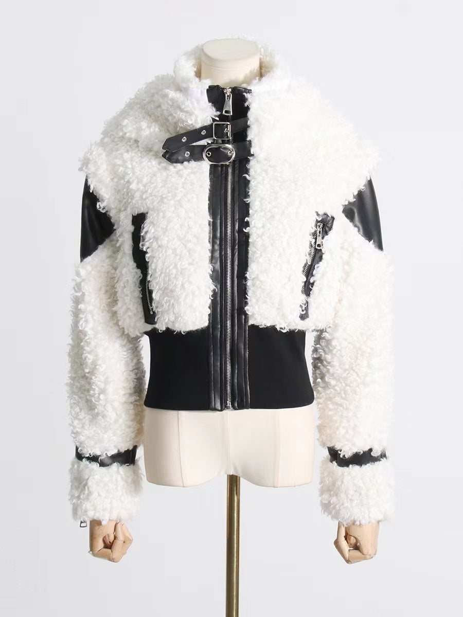 Lamb Wool Stitching PU Leather Zipper Jacket