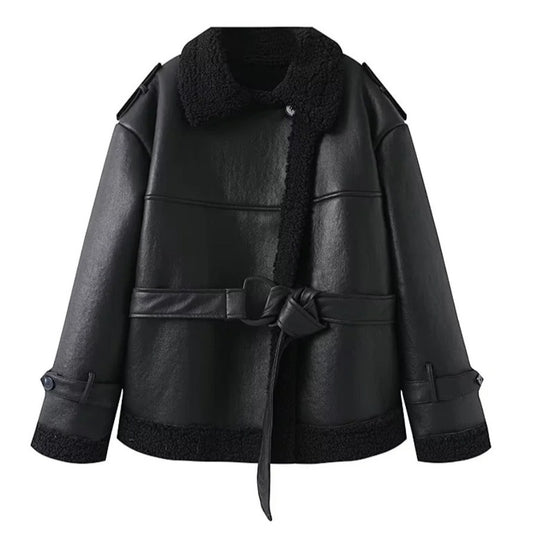 Black Fleece-Lined Square Collar Coat