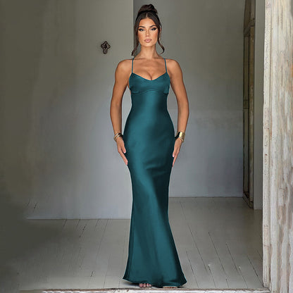 Pure Color Sling Satin Backless Dress