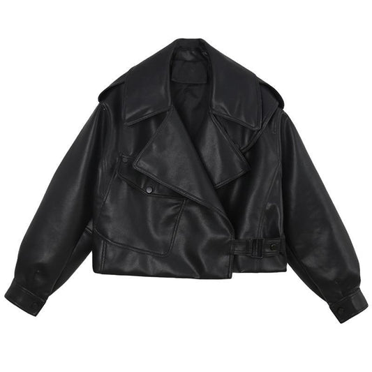 Lapel Long Sleeve Leather Jacket