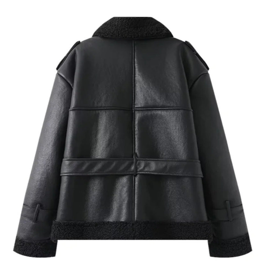 Black Fleece-Lined Square Collar Coat