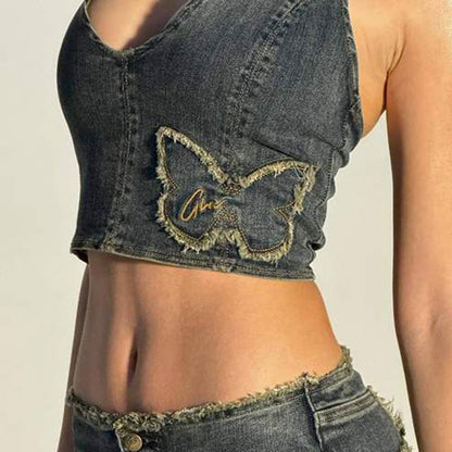 Butterfly Denim Halter Top