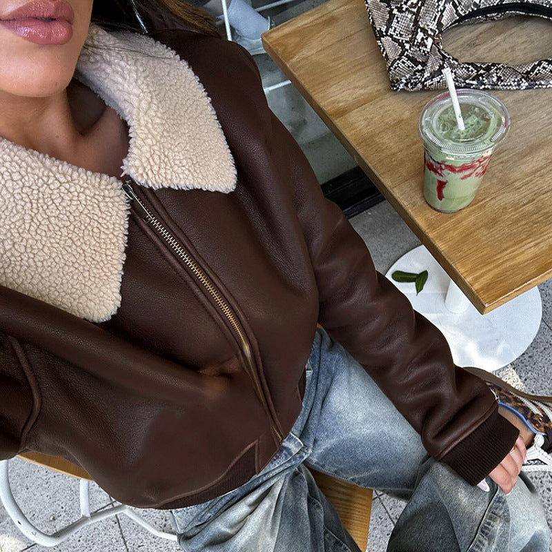 Solid Color Faux Leather Knitted Fur Lapel Jacket