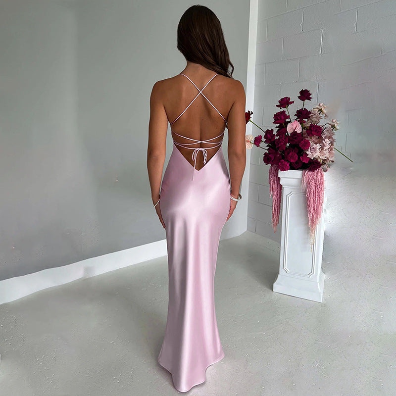 Pure Color Sling Satin Backless Dress